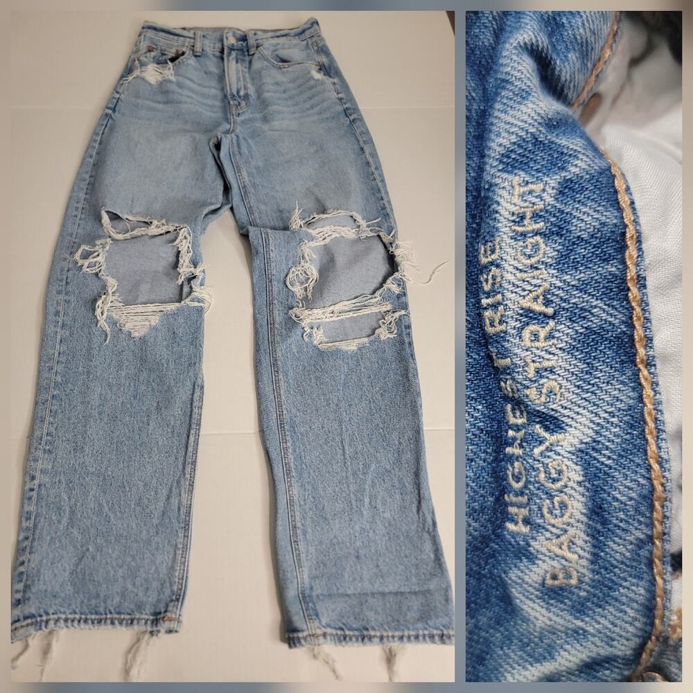 AMERICAN EAGLE Jeans Sz 4 Baggy Straight Drapey High Rise Distressed Strigid
